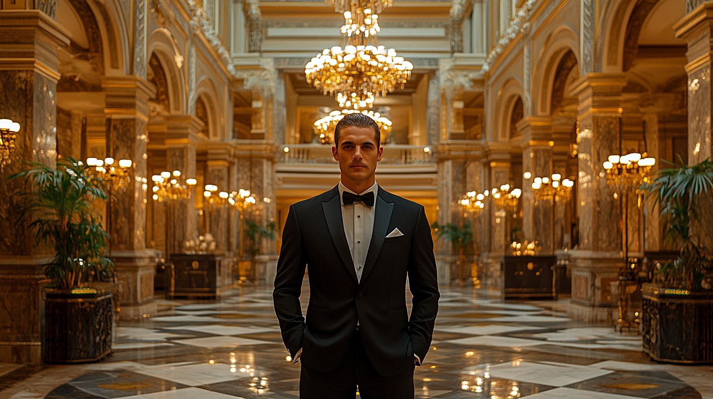 A full-body shot of a man in a sleek black suit, standing in an elegant hotel ballroom. The room features chandeliers with soft, neutral lighting, polished marble floors, and an atmosphere of refinement. The lighting is cool and neutral, creating a sophisticated ambiance. The man stands confidently and poised, embodying a formal and sophisticated appearance with a crisp, modern look.