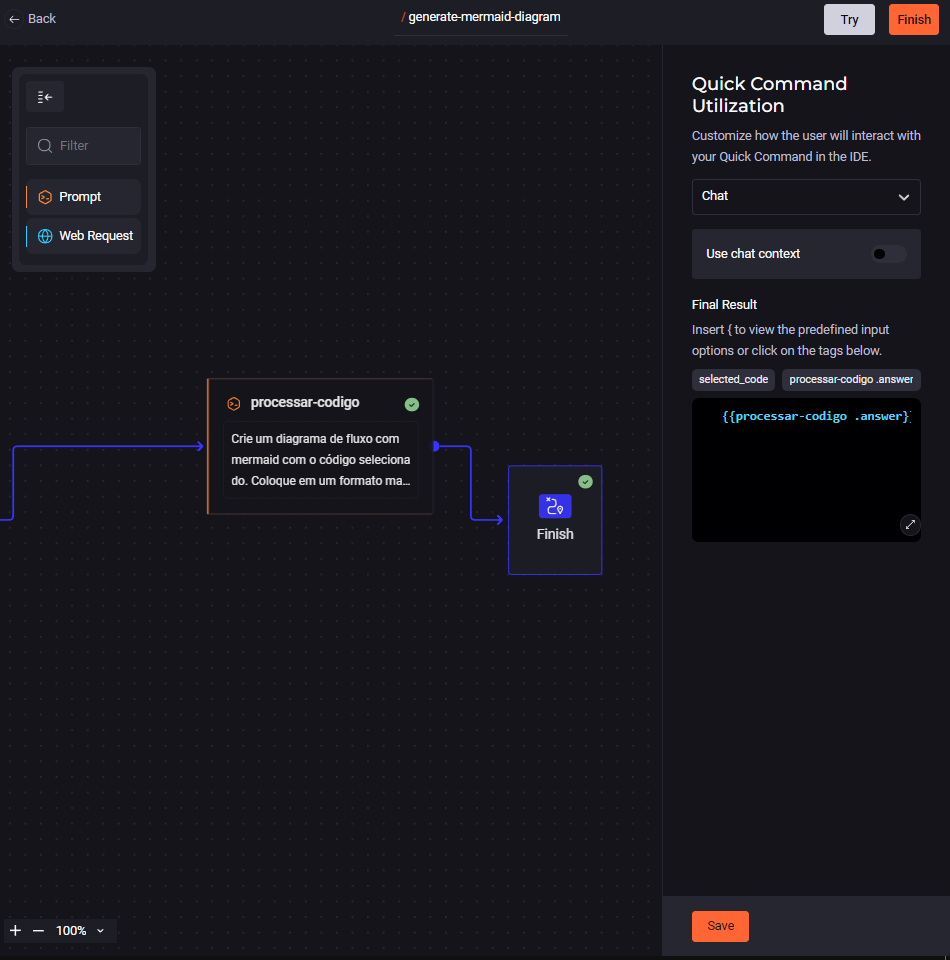 Imagem do artigo sobre diagramas mermaid com menu lateral direito de edição do bloco Finish contento a opção chat e uma caixa de texto onde pode-se configurar a saída do resultado final. 