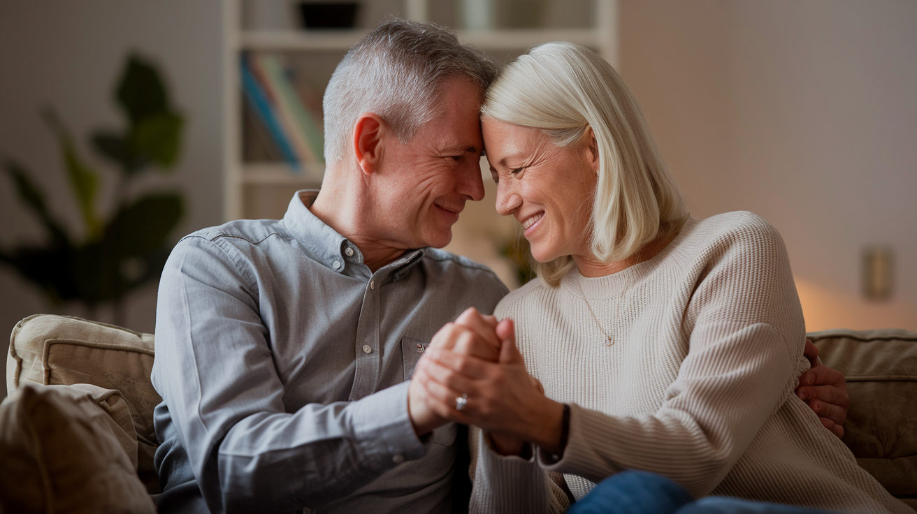 Create a realistic image of a middle-aged couple (one white male and one white female) sitting together on a couch, engaged in intimate conversation, holding hands with warm, soft lighting creating a comfortable atmosphere, their body language suggesting emotional connection and open communication, no explicit content, representing the building of a fulfilling relationship.