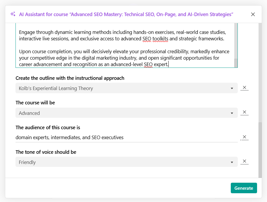 creating a course outline via AI in LearnWorlds