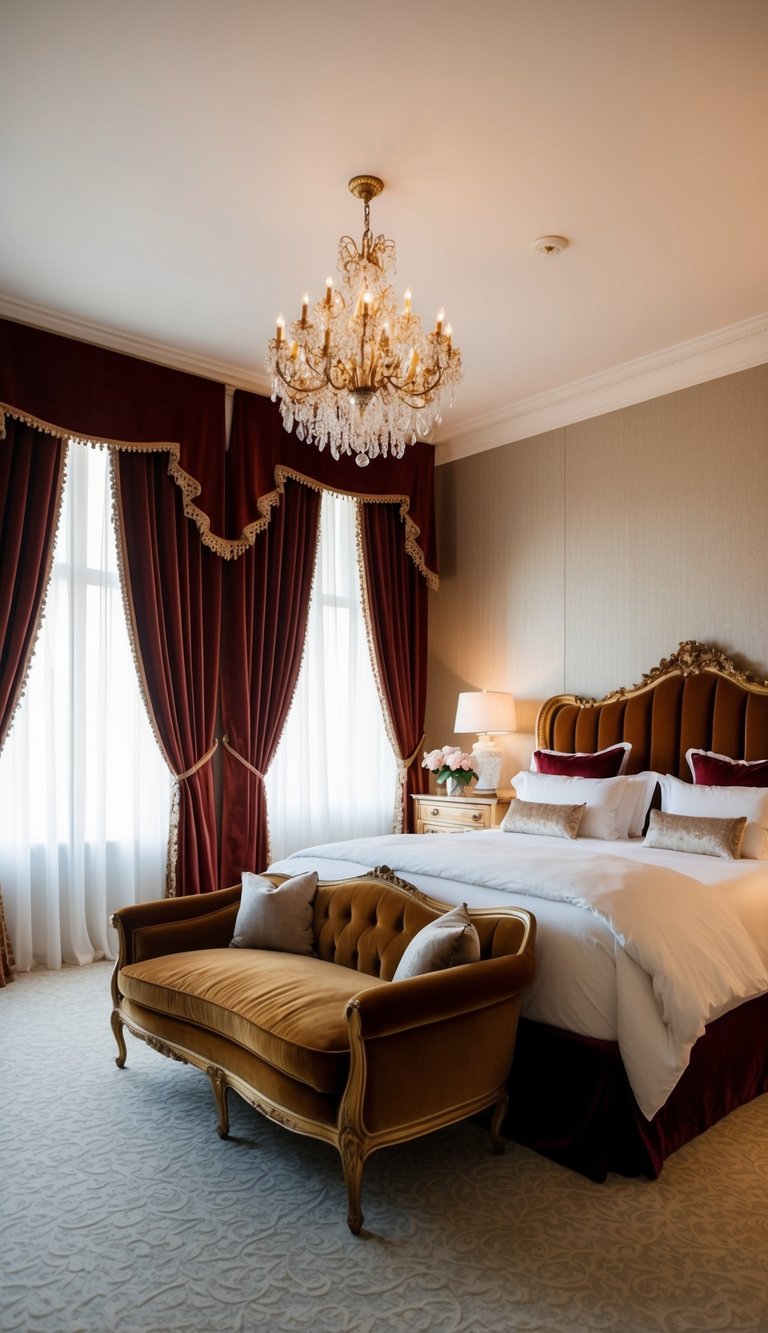 A luxurious bedroom with rich velvet drapes, elegant furnishings, and soft lighting