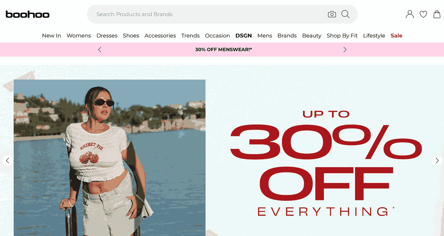 A screenshot of Boohoo homepage as one of the fashion brands looking for influencers