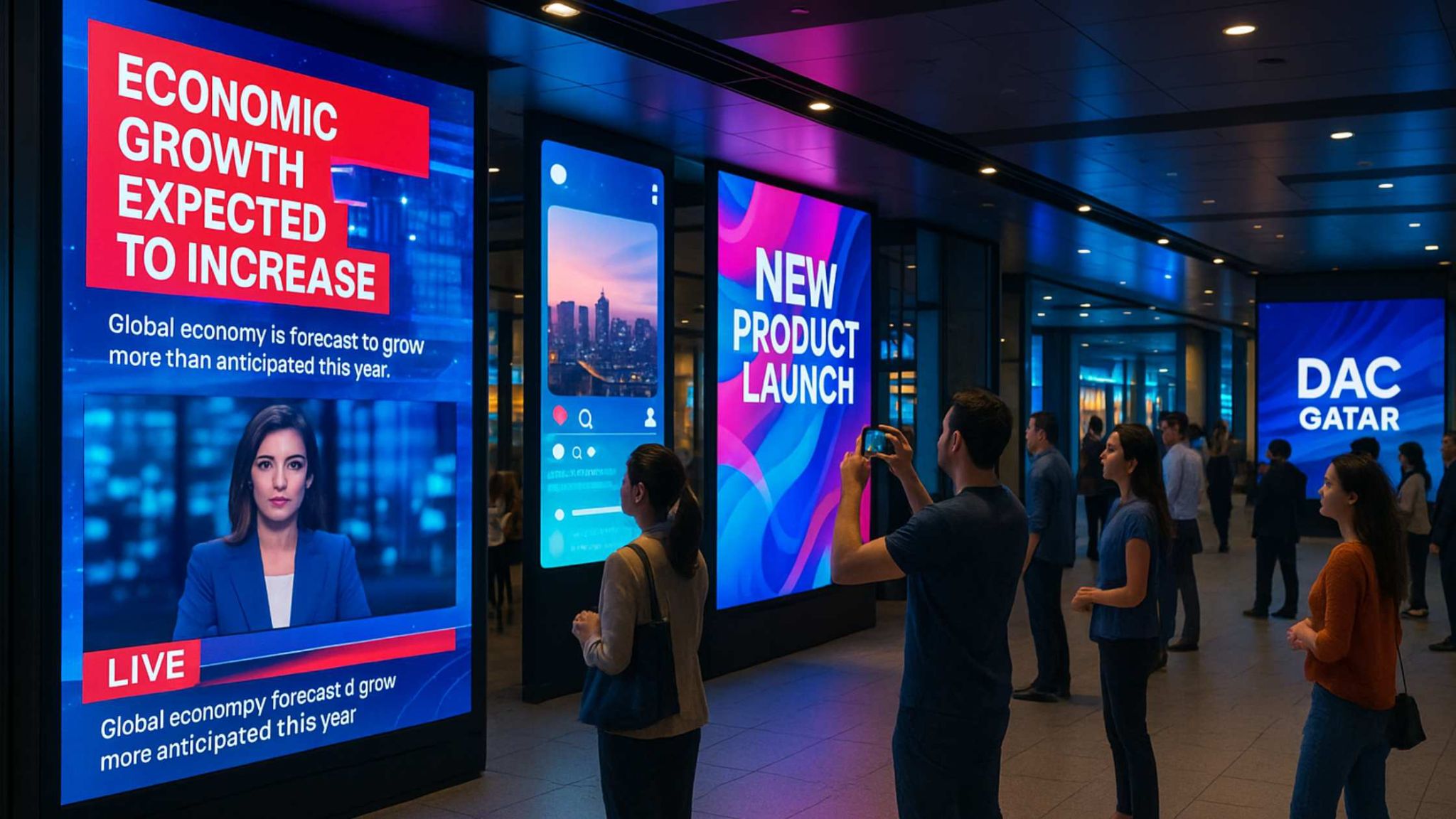 Engaging Public with Dynamic Visual Displays – Advertising and Digital Signage Solutions in Doha People observing vibrant digital signage displays showing news, social media, and marketing content in a public space – Advertising and Digital Signage Solutions in Doha