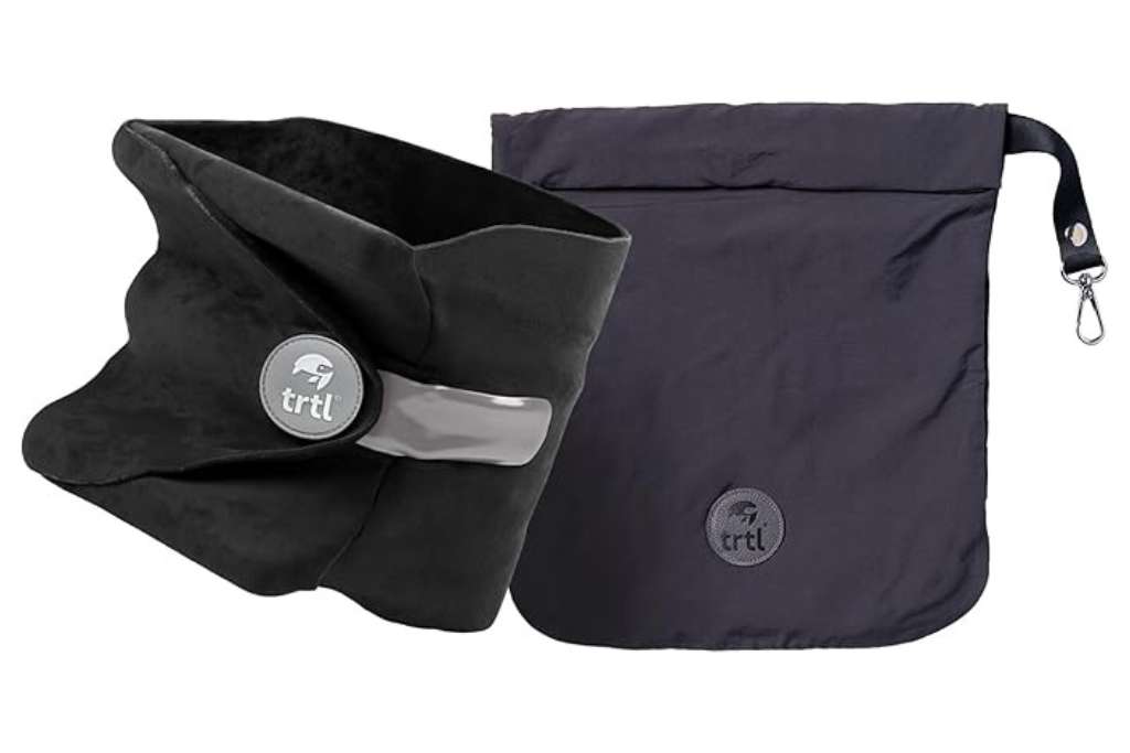 black travel pillow with black carrying case and grey details