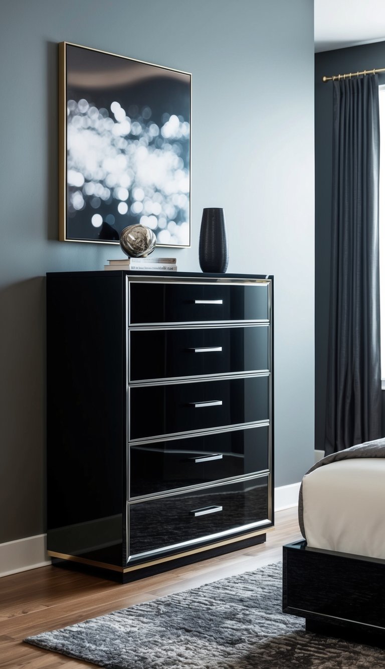 A sleek ebony dresser stands against a backdrop of black and gray bedroom decor