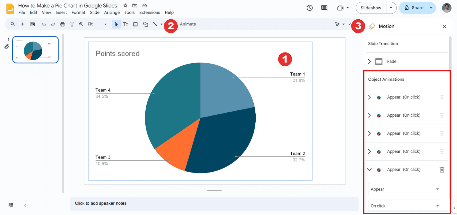 How to add animations to a Google Slides pie chart