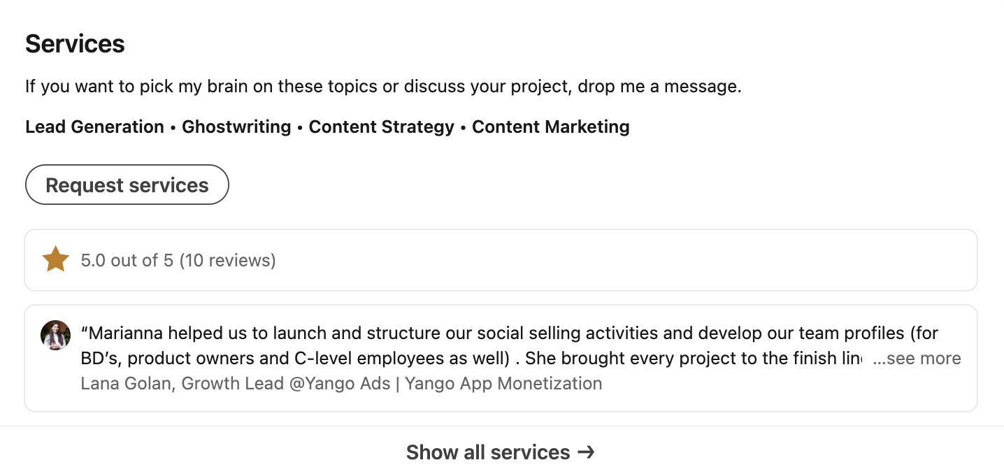 раздел Услуги LinkedIn 