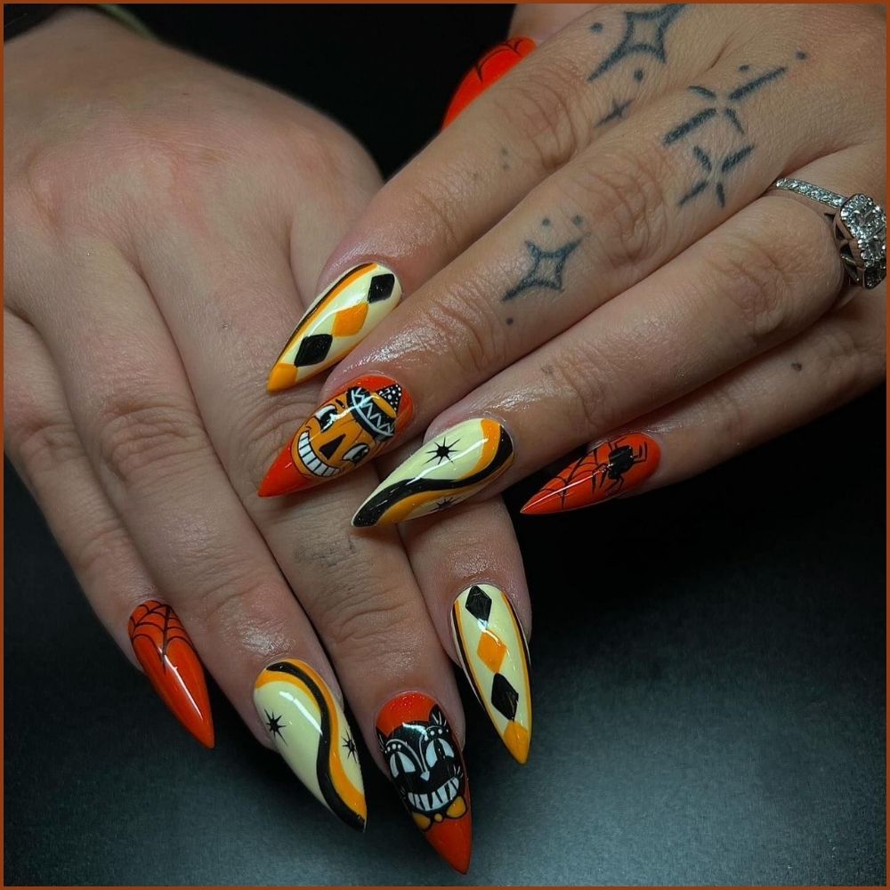 Close up of nails with spooky nails having Vintage Halloween Nail Art