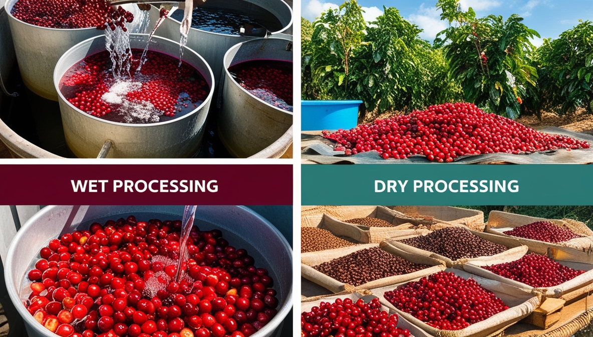 "The image compares two methods of processing coffee cherries. The left side shows wet processing, where cherries are submerged in water for fermentation. The right side displays dry processing, where cherries are laid out in the sun to dry before being hulled.