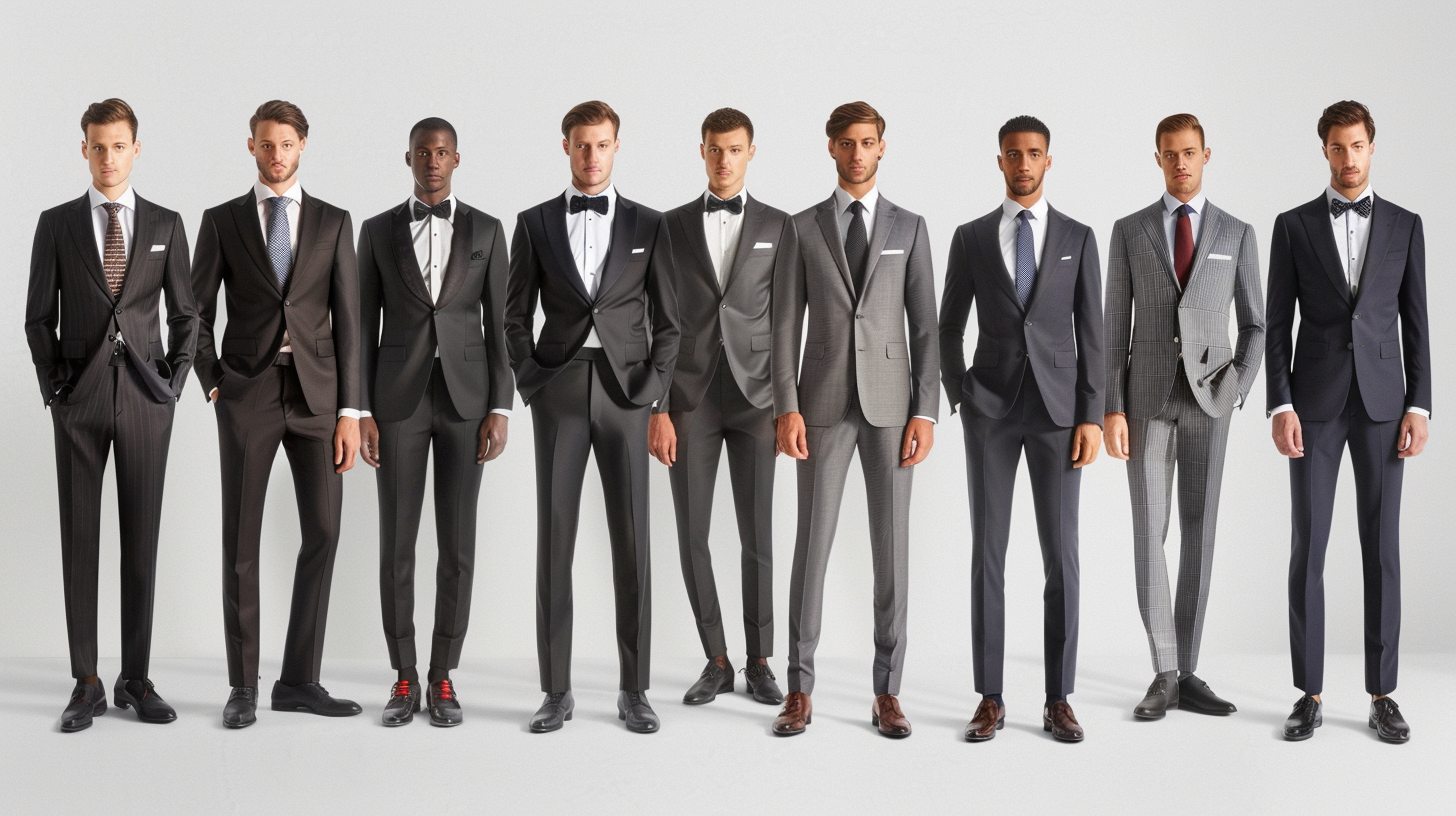 Eight men standing in a lineup, each wearing a different suit by formality: tuxedo (satin lapels), dinner suit (UK style), morning suit (tailcoat and striped trousers), lounge suit (semi-formal), business suit (clean and sharp), casual suit (relaxed fabric), wedding suit (stylish and themed), and travel suit (wrinkle-resistant, practical). Each man posed in a setting that matches the suit's use--black-tie gala, office, wedding, travel lounge.