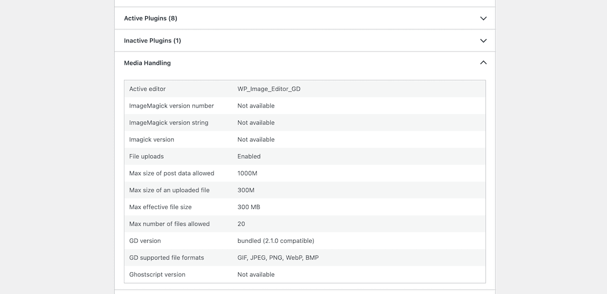 Viewing the Maximum Upload Size on the WordPress Site Health page.