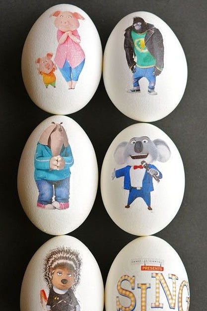 easter egg hunt ideas, animated character on white eggs