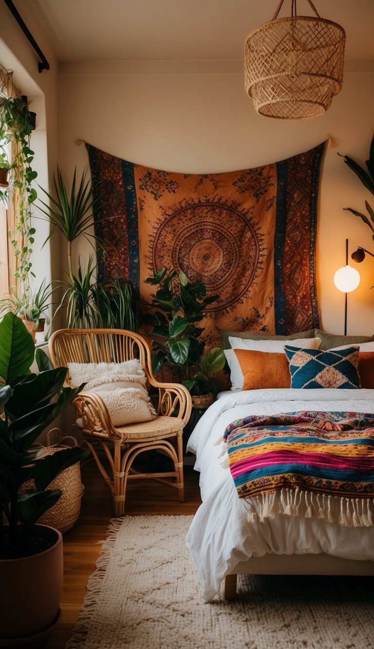 A cozy bohemian bedroom with a rattan chair surrounded by plants, tapestries, and colorful textiles. Warm lighting creates a relaxed and inviting atmosphere