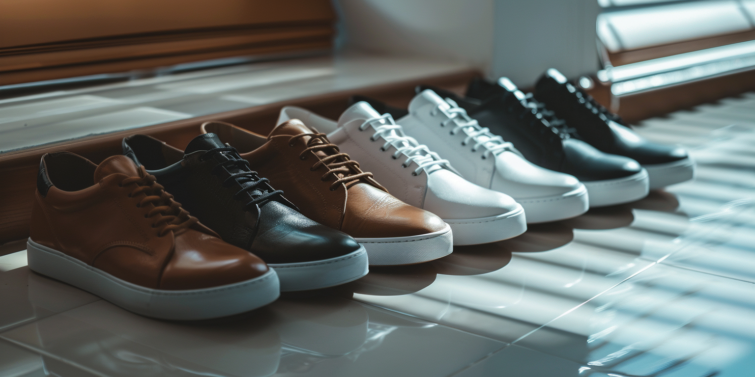 A lineup of men’s business casual shoes on a clean surface: brown and black leather loafers, derby shoes, oxfords, and minimalist white leather sneakers. Well-polished, modern styles arranged neatly with soft shadows. Avoids sandals or worn-out footwear. Professional yet relaxed tone.
