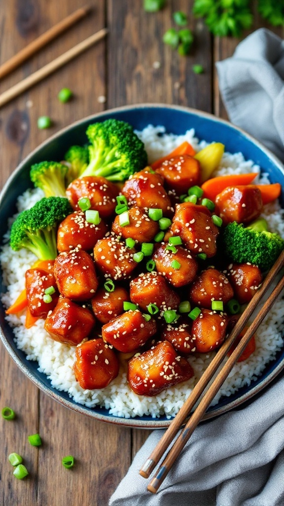 Sticky sesame chicken served with rice and vegetables, garnished with sesame seeds and green onions.