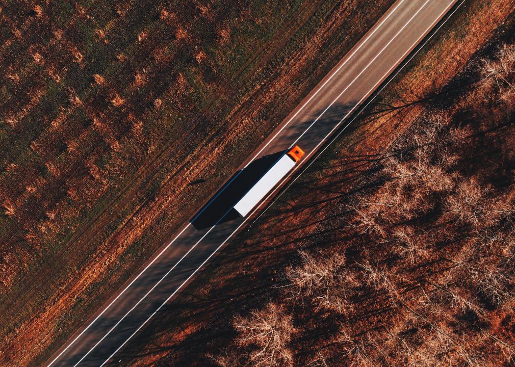 Semitruck on the road from above.