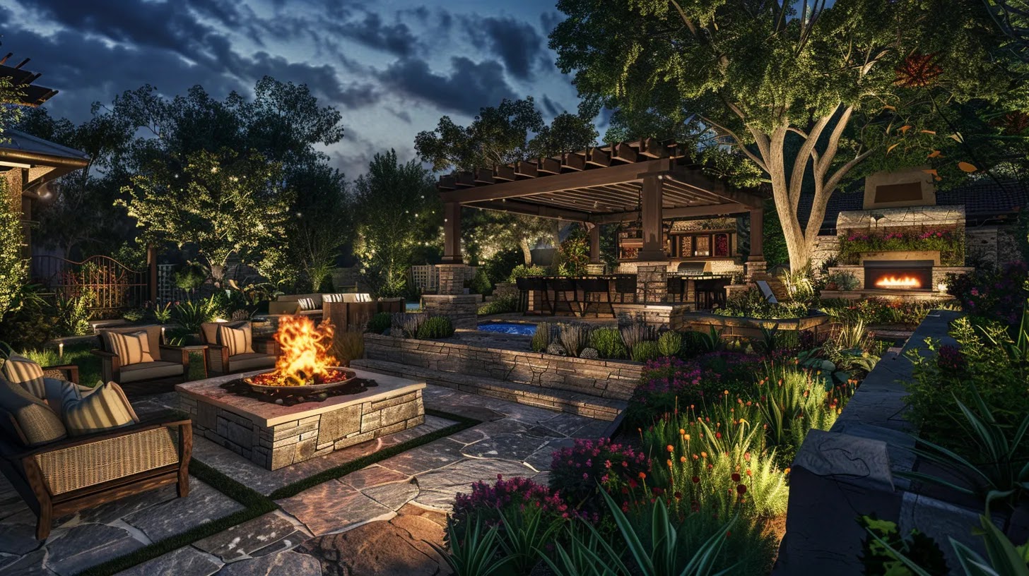 A newspaper cartoon graphic based on Backyard & Outdoor Living examples in California, the newspaper cartoon graphic should depict a luxurious backyard with a stone firepit, outdoor kitchen, pergola-covered patio, and a sparkling pool surrounded by lush landscaping and ambient lighting.