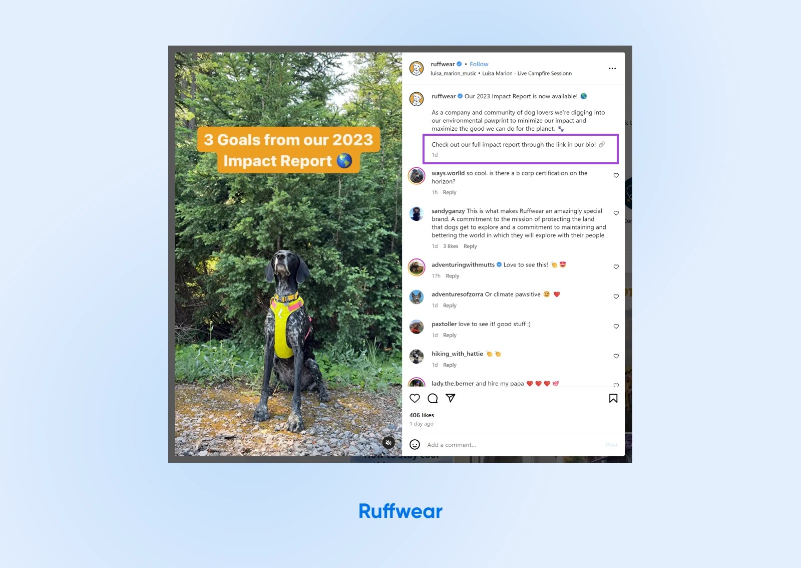 Publicación de Instagram de Ruffwear que muestra el Informe de impacto de 2023 y presenta a un perro con un arnés amarillo en medio de un bosque de fondo.