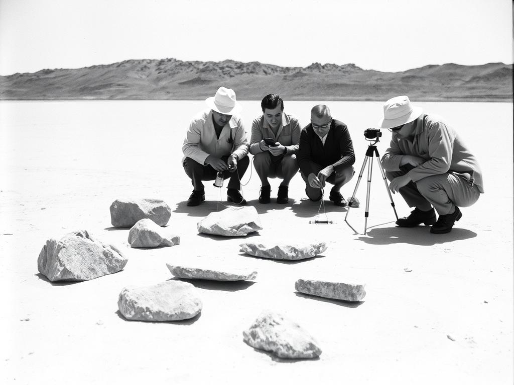 Historical photograph of scientists studying sailing stones in the 1950s