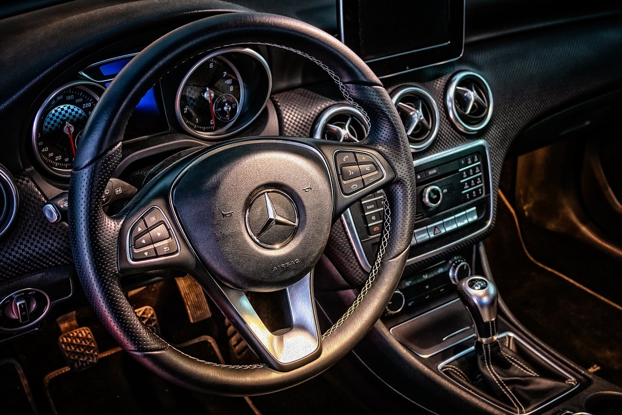 a dashboard and a steering wheel