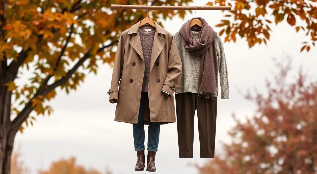 A cozy fall wardrobe display featuring layered clothing suitable for transitional weather, including a stylish trench coat, lightweight sweater, tailored trousers, ankle boots, and a chunky scarf, arranged aesthetically on a wooden hanger. The background showcases an autumnal setting with colorful leaves and a soft overcast sky.