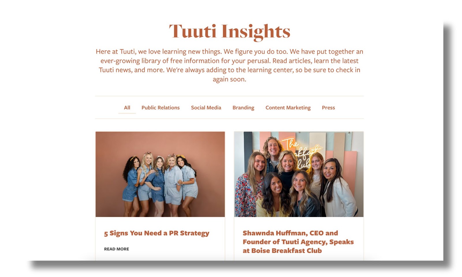 Screenshot of Tuuti Blog landing page, featuring a category ribbon with the options "All", "Public Relations", "Social Media", "Branding", "Content Marketing", and "Press"