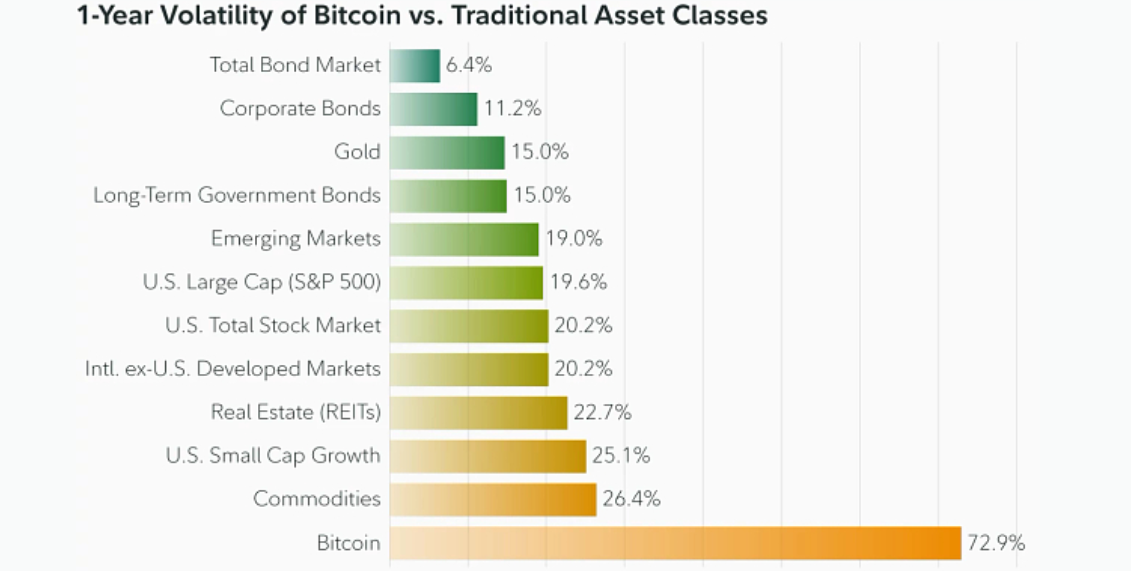 One-year volatility of Bitcoin vs traditional asset classes.