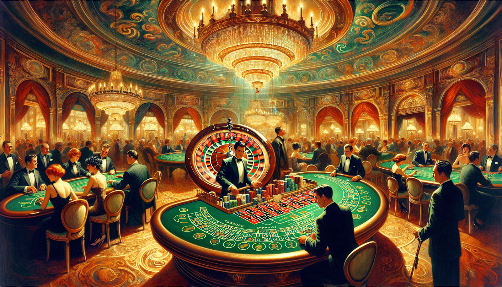 Artistic depiction of a blackjack and roulette table in a casino