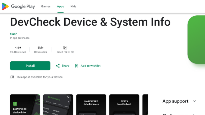 DevCheck Device and System Info at Play Store- A popular Android device info app