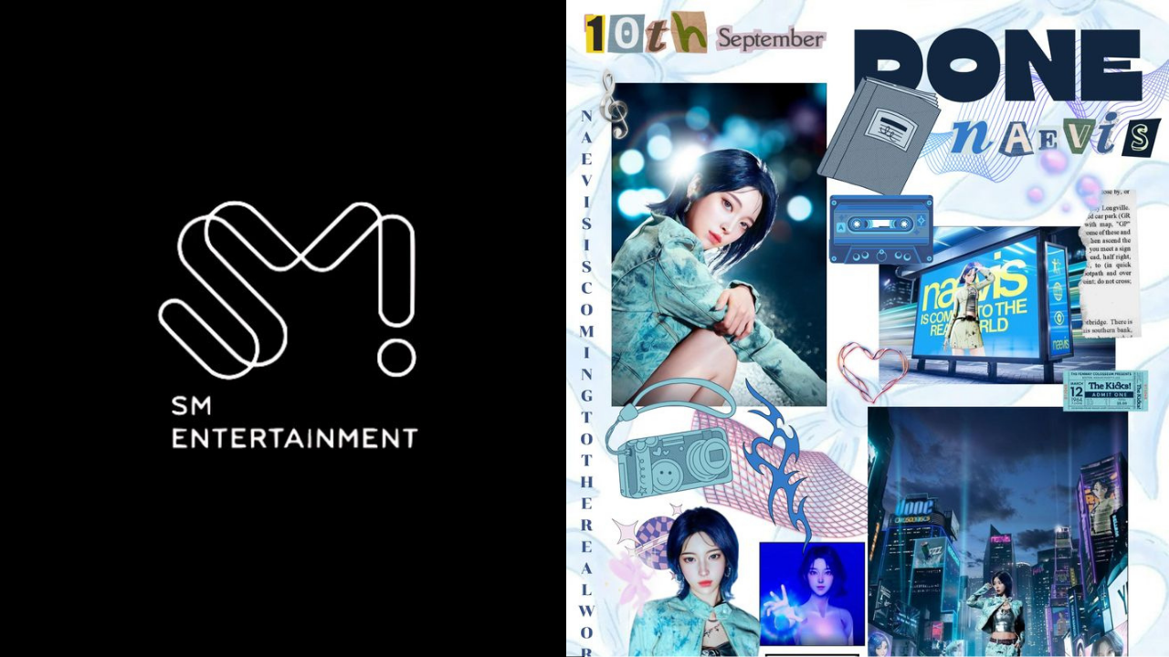 A logo of SM Entertainment and on the other side is a picture of Naevis on her 