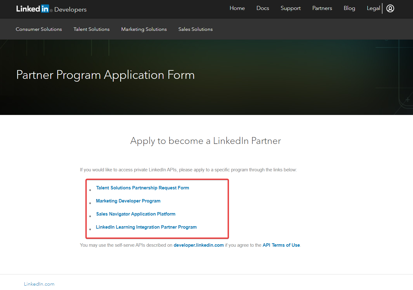 LinkedIn’s Partner Program page showing the partner categories for a new application