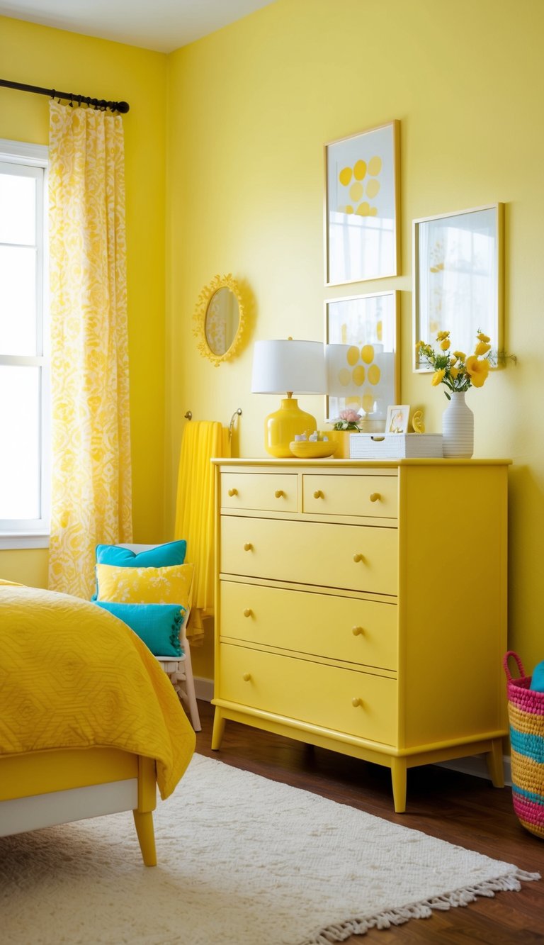 A honey-colored dresser sits in a sunny yellow bedroom, surrounded by cheerful decor and bright accents