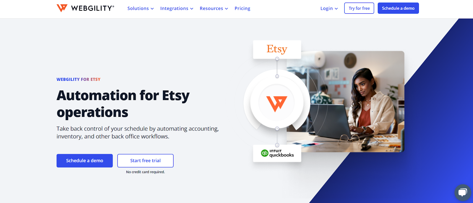 Webgility website page displaying Etsy and Webgility automation features designed to streamline operations 