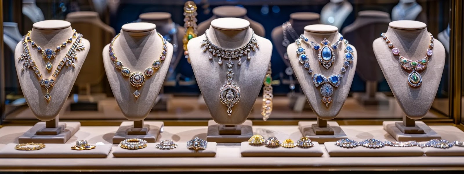 a luxurious jewelry display in a chic tampa showroom showcases exquisite custom pieces, each radiating unique craftsmanship under soft, warm lighting that highlights their intricate designs.