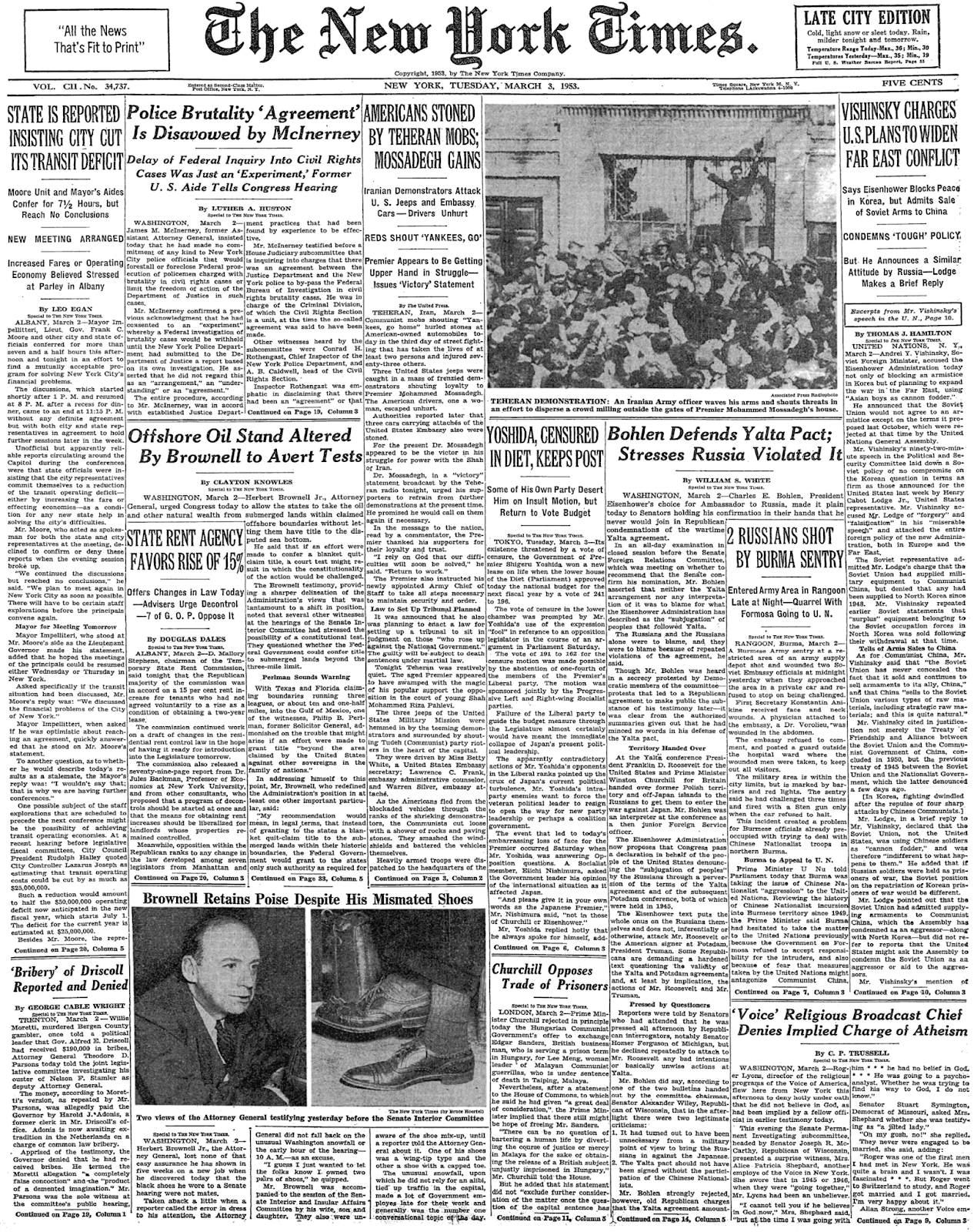 Tuesday, March 3, 1953 – The New York Times Front Page