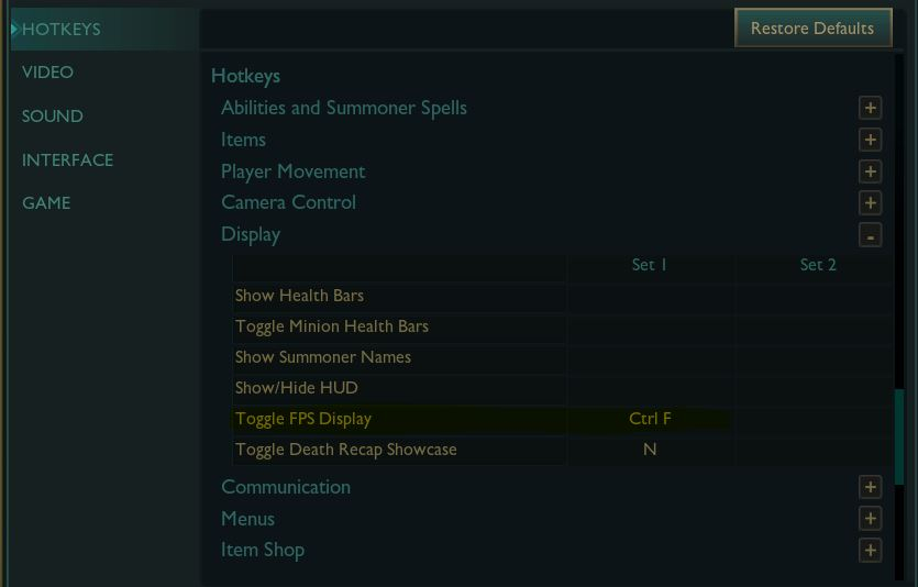 Hotkeys menu in LoL
