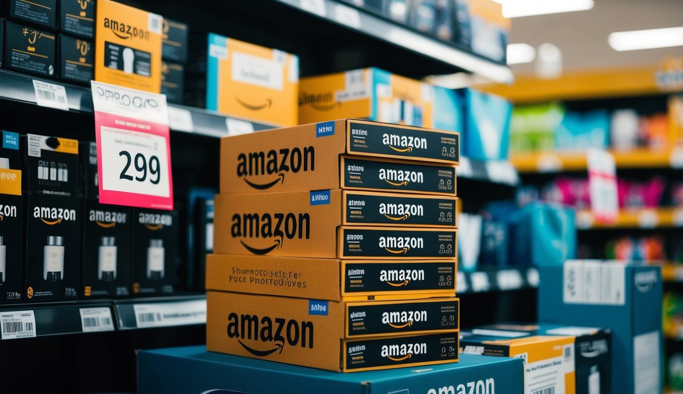 A stack of Amazon products arranged on a shelf with a price tag, surrounded by other items in a retail setting