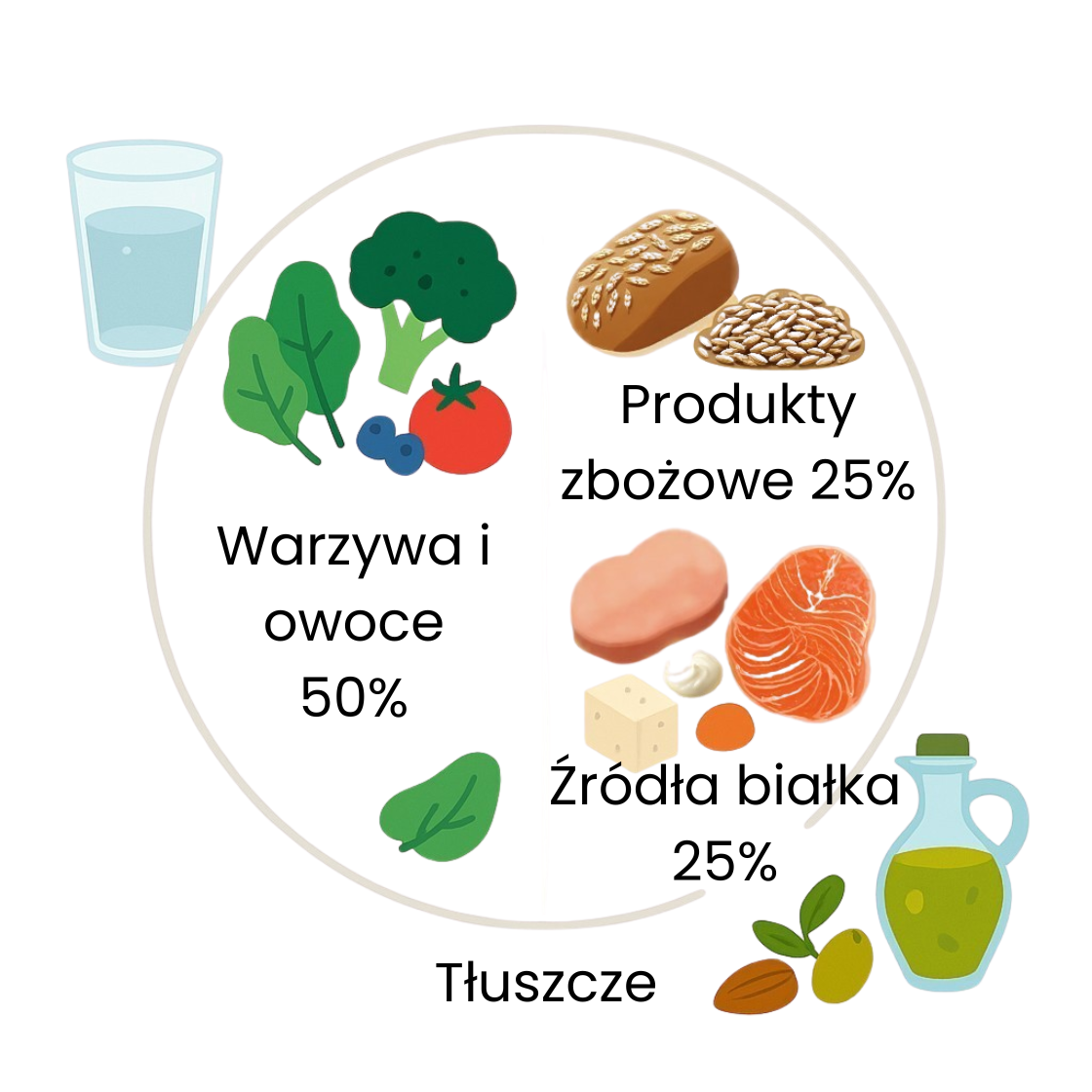 Infografika przedstawiająca talerz zdrowego żywienia przy insulinooporności. Połowa talerza wypełniona jest warzywami i owocami o niskim indeksie glikemicznym, jedna czwarta to produkty pełnoziarniste, a druga czwarta to chude źródła białka. Dodatkowo pokazane są zdrowe tłuszcze – oliwa z oliwek i orzechy. Każda sekcja talerza jest opisana.