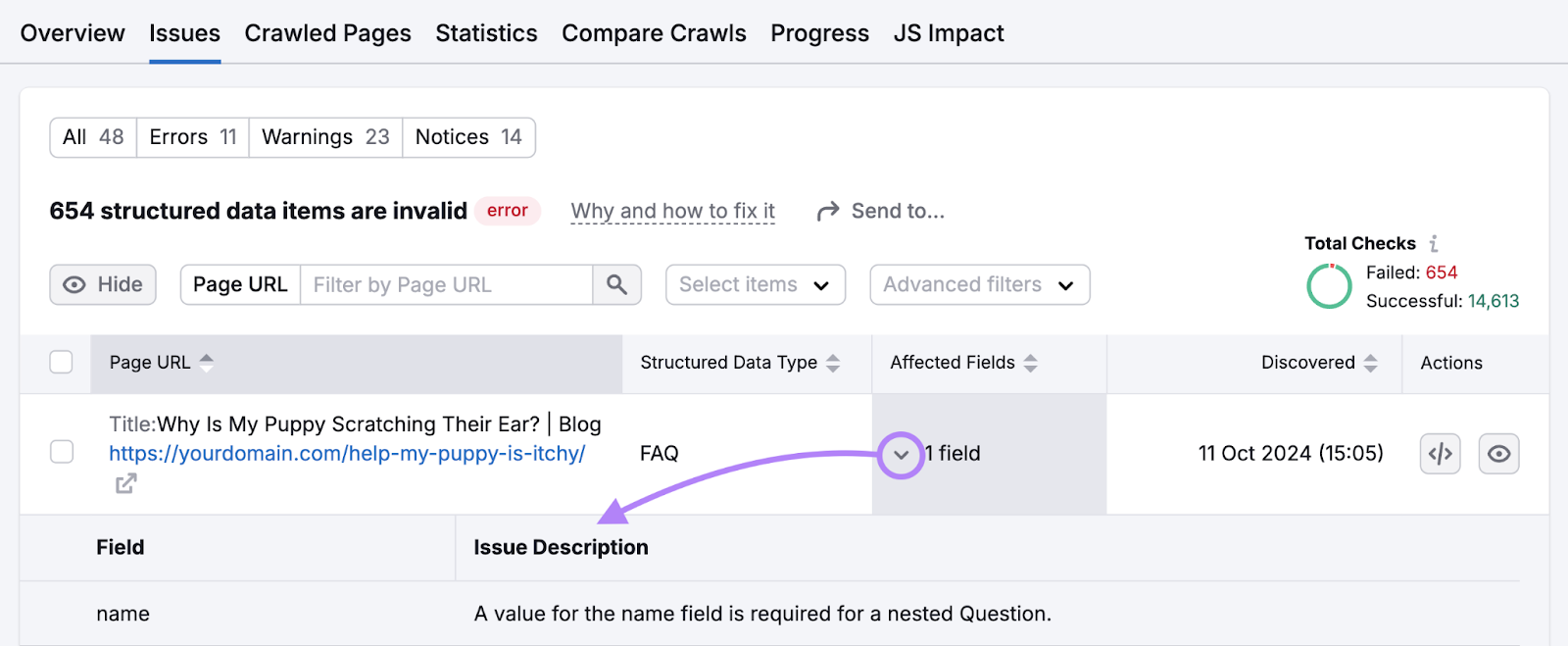 affected fields dropdown opened to show which field needs to be fixed