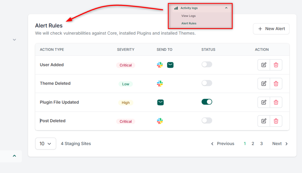 Setting up alert rules to track WordPress user activities using the WordPress site management service of InstaWP. 