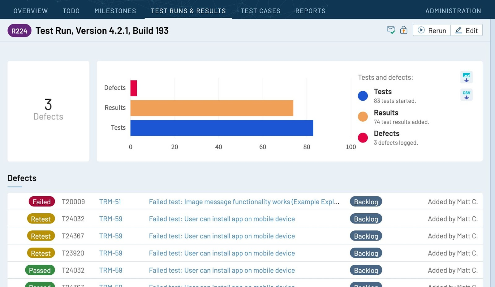 Instantly generate traceability reports in TestRail so that your team can see the status of testing in real time, evaluate coverage, and link tests to requirements and defects.