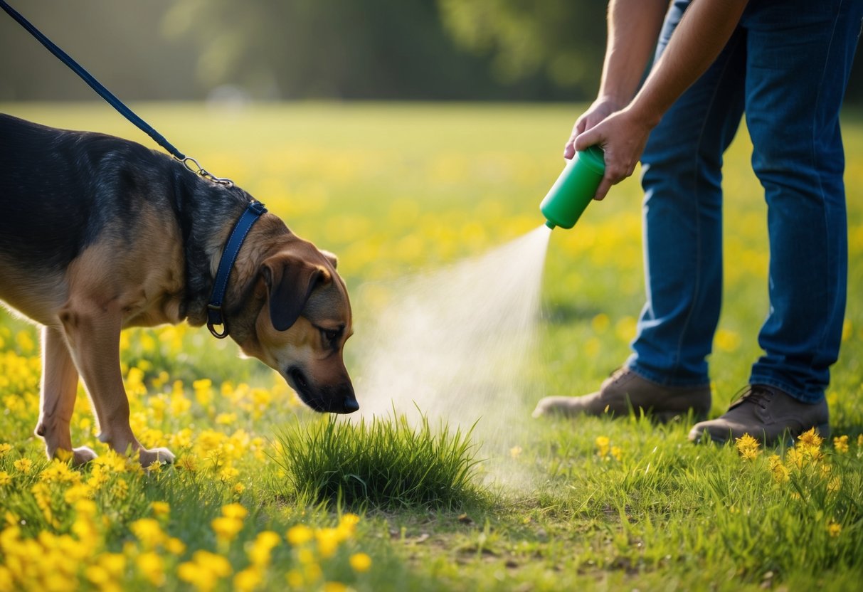 A dog sniffs a patch of yellowed grass, while a person sprays a natural remedy on the spot