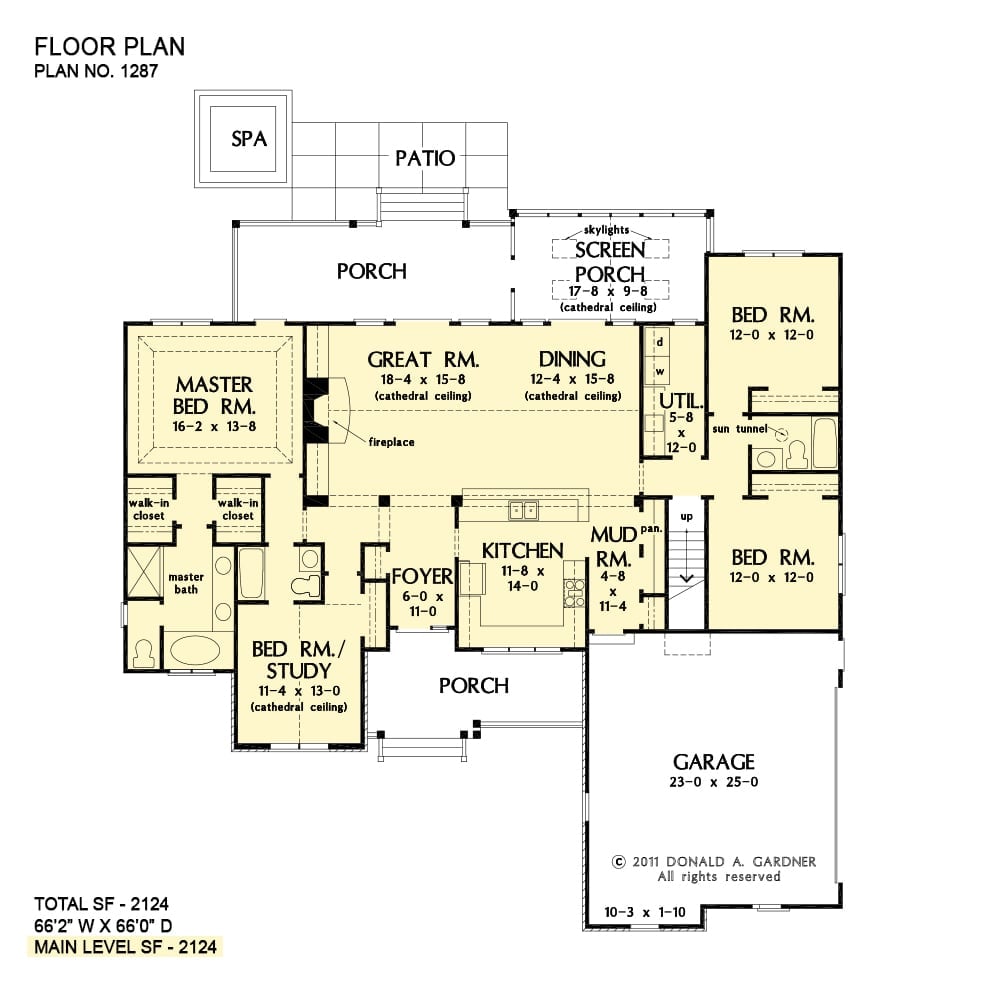 Main level floor plan of a single-story 4-bedroom The Hardesty stone ranch with front and rear porches, foyer, great room, dining area, kitchen, utility room, and four bedrooms including the primary suite.
