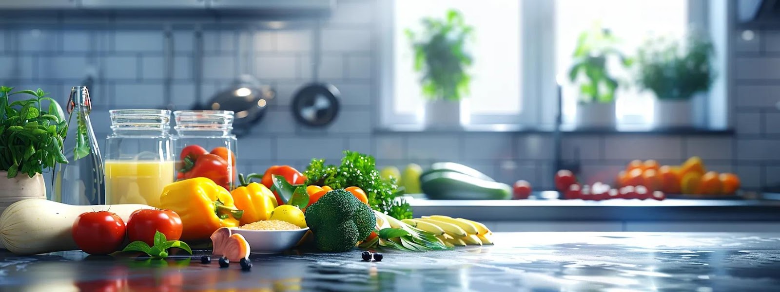 a vibrant, modern kitchen scene showcases an array of colorful, nutrient-rich foods, such as leafy greens, dairy products, and fruits, arranged on a polished countertop, emphasizing the importance of a balanced diet for enhancing children's oral health.