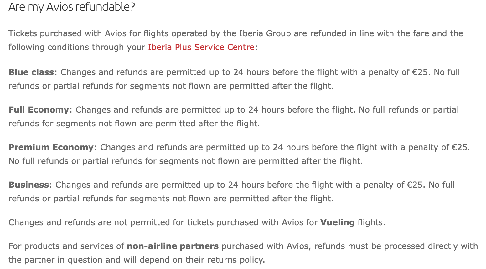 Iberia award ticket change and cancellation fees