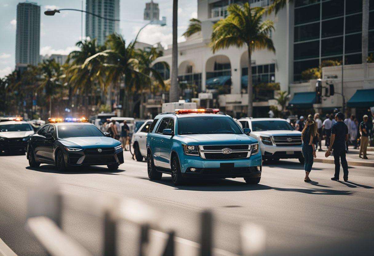 A busy Miami intersection with multiple cars involved in a collision, emergency vehicles on the scene, and onlookers watching from the sidewalk