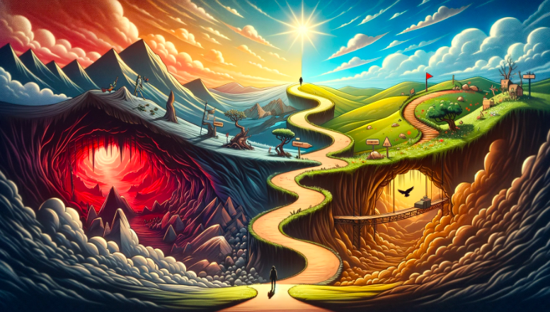 A surreal fantasy landscape depicting a winding path splitting into two contrasting journeys—one dark and fiery, the other bright and lush—symbolizing choices and destiny.