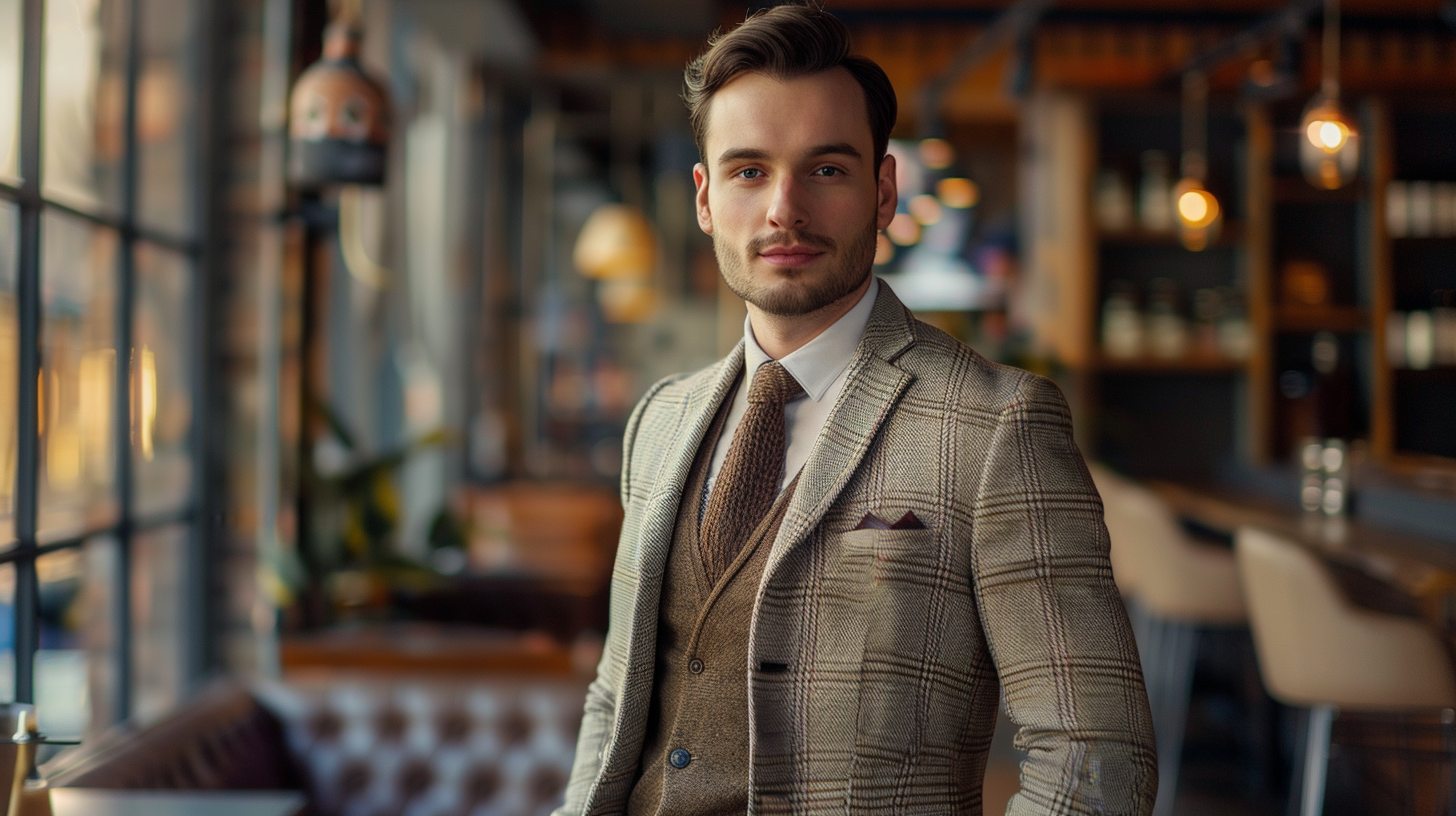 A man in a smart-casual blazer and chinos wearing a textured knit tie, standing in a cozy cafe or creative office, relaxed and refined vibe, soft lighting, artistic background elements