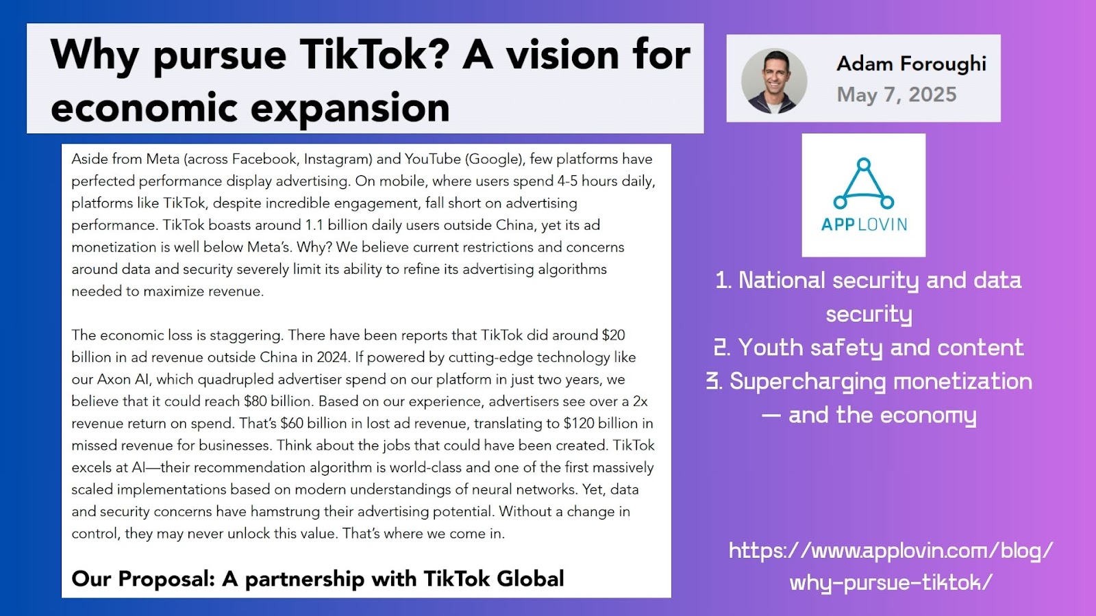An excerpt from CEO Adam Foroughi's blog on why AppLovin wants to merge with TikTok.