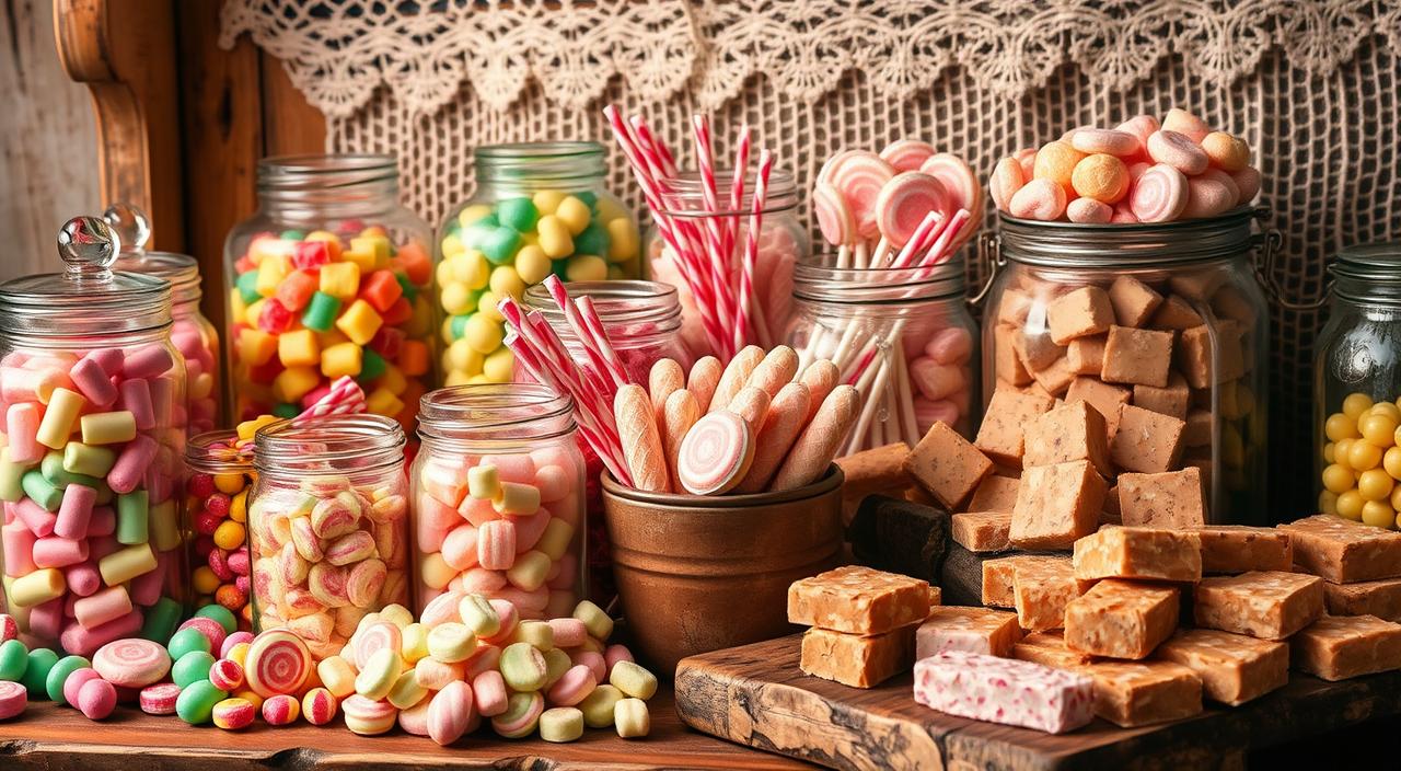 A beautifully arranged display of nostalgic old-fashioned candies, including colorful glass jars filled with vibrant striped hard candies, vintage lollipops with swirled patterns, delicate pastel-colored mints, and rustic wooden trays overflowing with taffy and fudge. Soft, warm lighting enhances the rich textures and colors, evoking a sense of sweetness and nostalgia, set against a background of aged wood and lace.